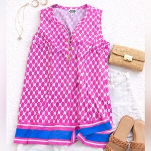 Mud Pie women’s Pink Geometric Sleeveless Tunic Top w/ Blue Hem Size M